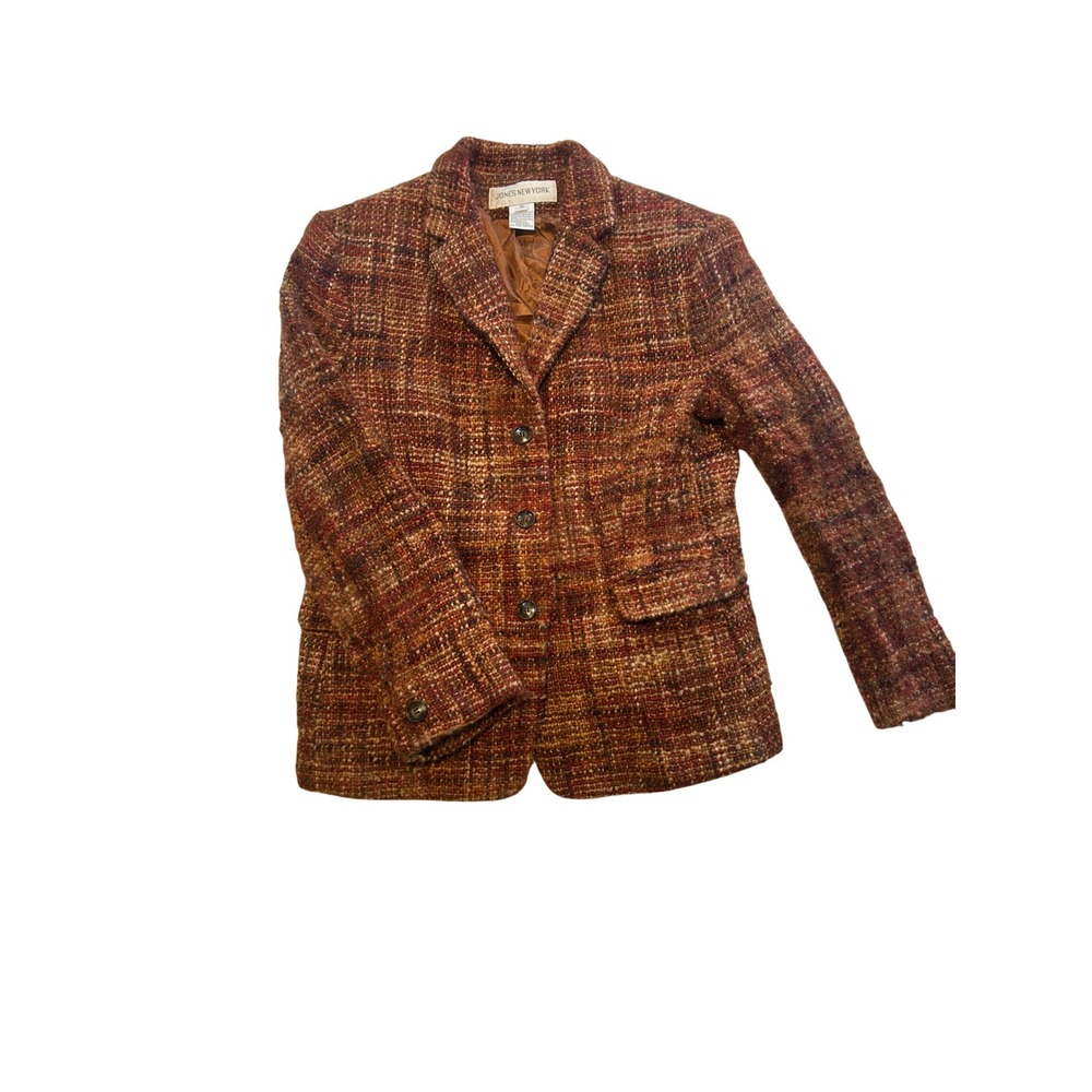 Jones New York Womens Brown Orange Wool Blend Tweed Blazer Jacket Size 12